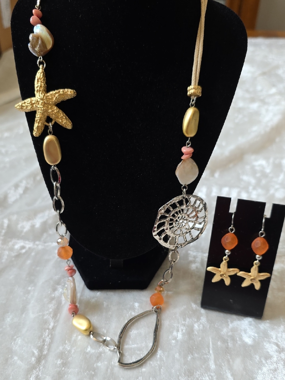 Chico's Beachy Sunset  Necklace & Earring Set - Gold, Silver, Coral